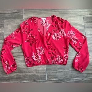 Leith Faux Wrap Red Floral Blouse. Small